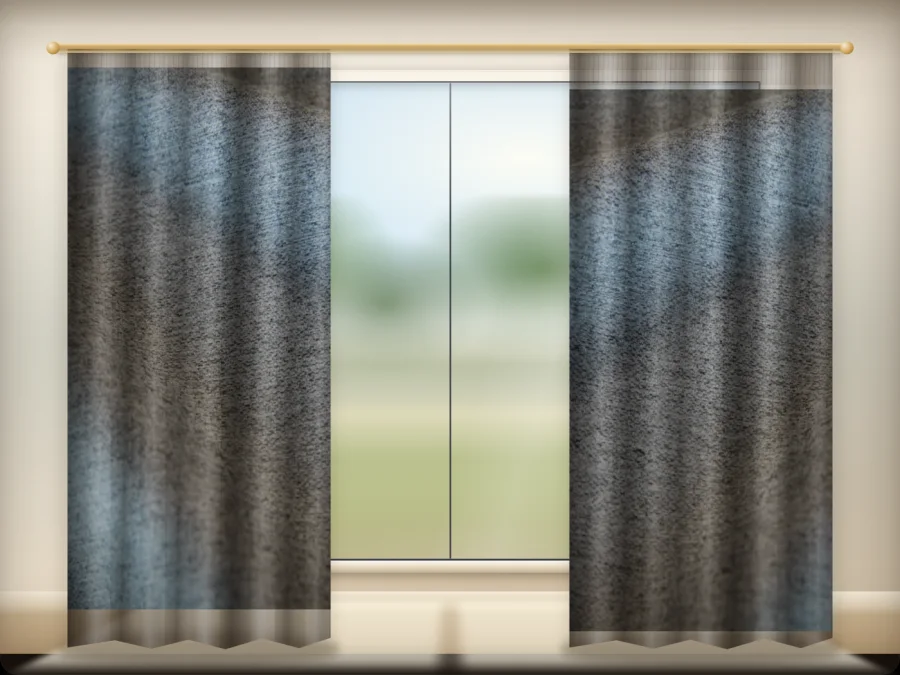 Slate Gray curtains drawn across a window in a plain room — a visualisation built from the catalogue 301 shade 301-21 photograph