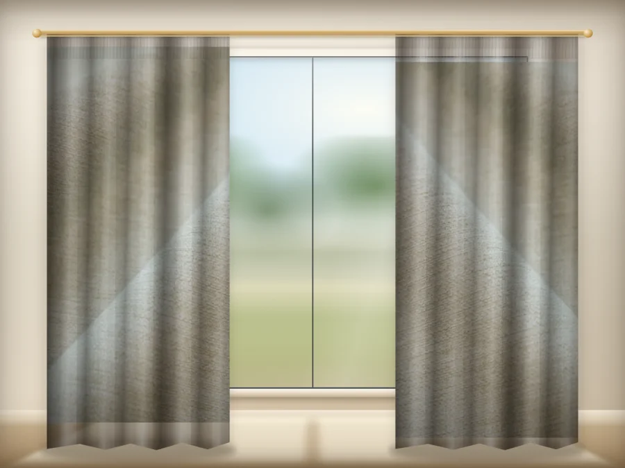 Straw Yellow curtains drawn across a window in a plain room — a visualisation built from the catalogue 301 shade 301-05 photograph