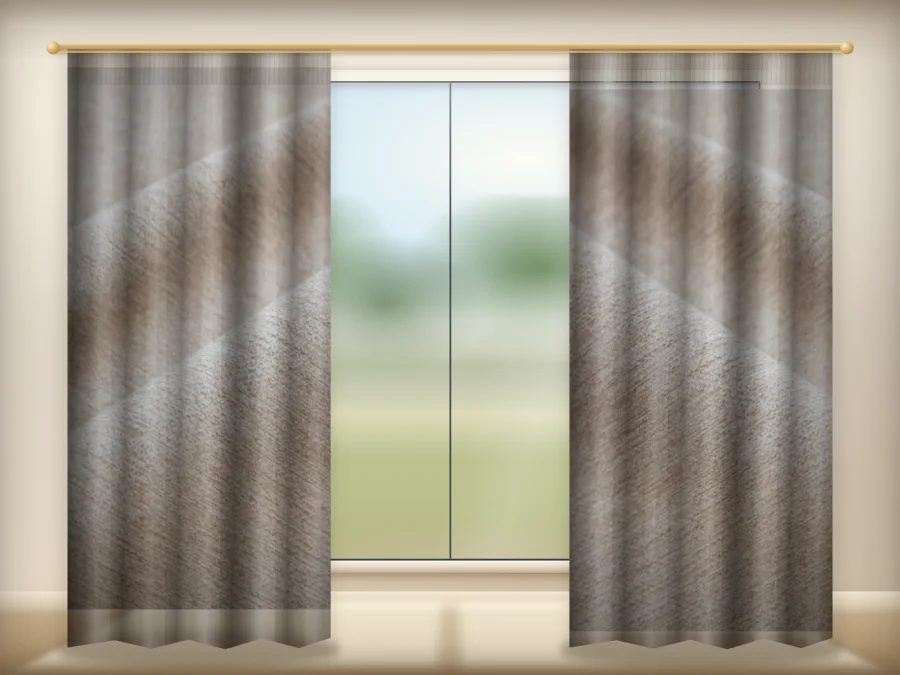 Warm Taupe curtains drawn across a window in a plain room — a visualisation built from the catalogue 301 shade 301-08 photograph