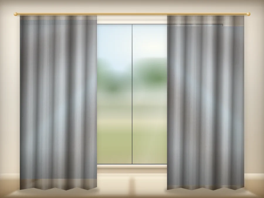 Bright White curtains drawn across a window in a plain room — a visualisation built from the catalogue 302 shade 302-01 photograph
