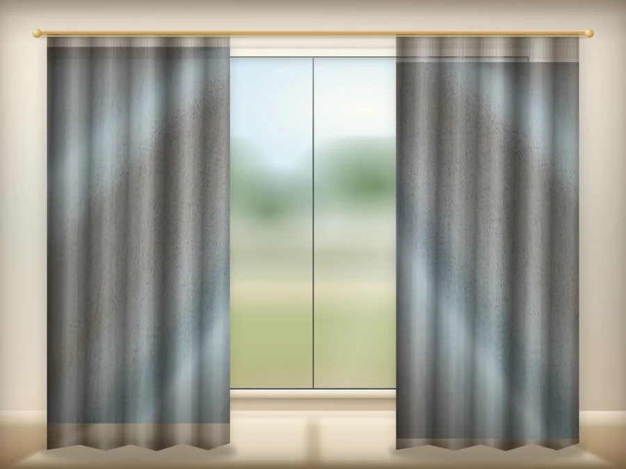Cloud Ash Grey curtains drawn across a window in a plain room — a visualisation built from the catalogue 302 shade 302-17 photograph