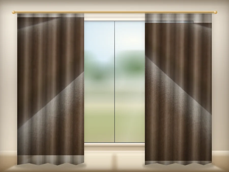 Desert clay taupe blackout curtains drawn across a window in a plain room — a visualisation built from the catalogue 302 shade photograph