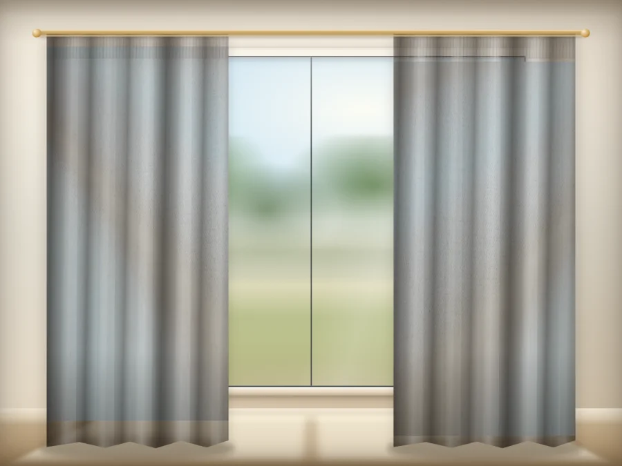 Dove Grey curtains drawn across a window in a plain room — a visualisation built from the catalogue 302 shade 302-04 photograph