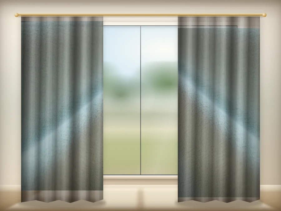 Eucalyptus Mist curtains drawn across a window in a plain room — a visualisation built from the catalogue 302 shade 302-19 photograph