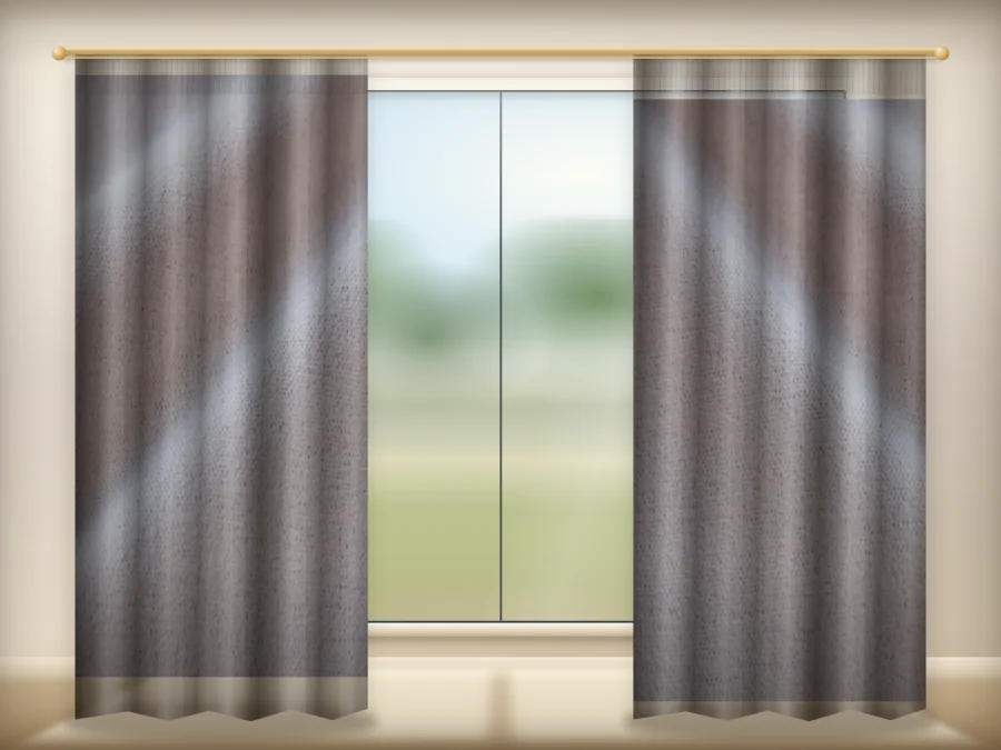 Mauve Greige curtains drawn across a window in a plain room — a visualisation built from the catalogue 302 shade 302-14 photograph