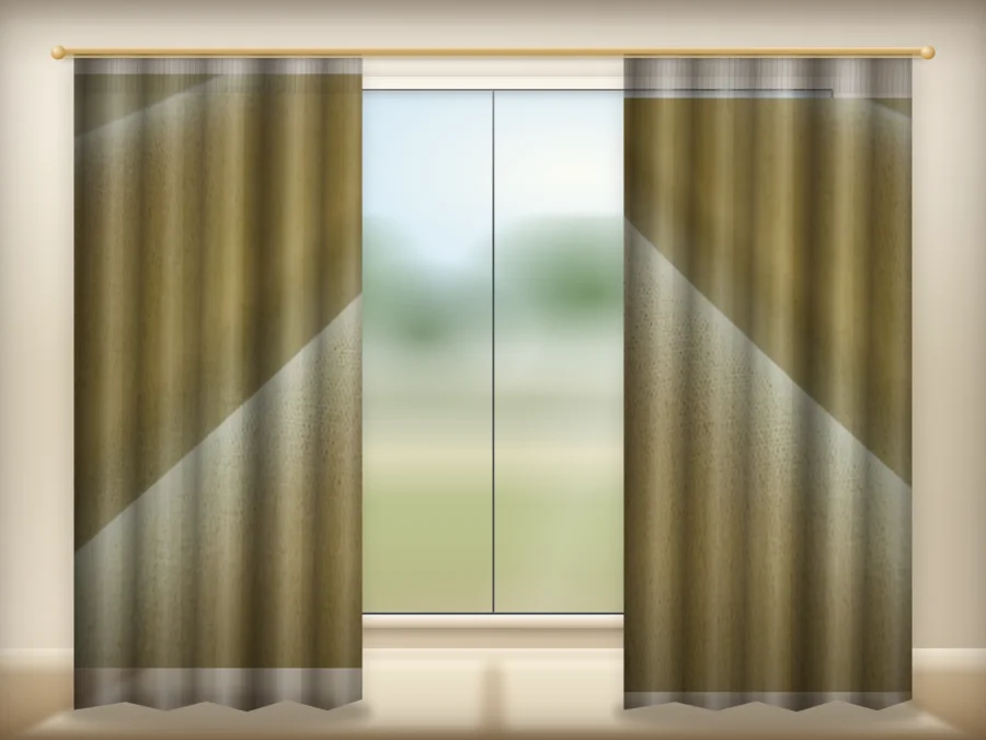Mustard Yellow curtains drawn across a window in a plain room — a visualisation built from the catalogue 302 shade 302-15 photograph