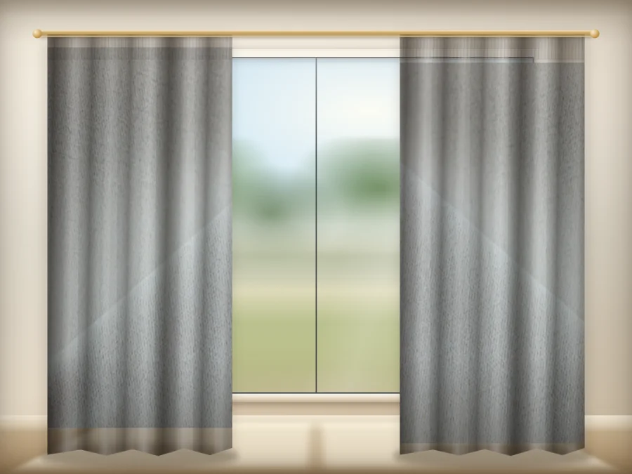Off White Greige curtains drawn across a window in a plain room — a visualisation built from the catalogue 302 shade 302-05 photograph