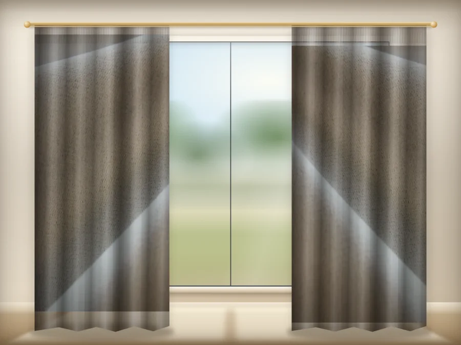 Pale Oat Greige curtains drawn across a window in a plain room — a visualisation built from the catalogue 302 shade 302-10 photograph