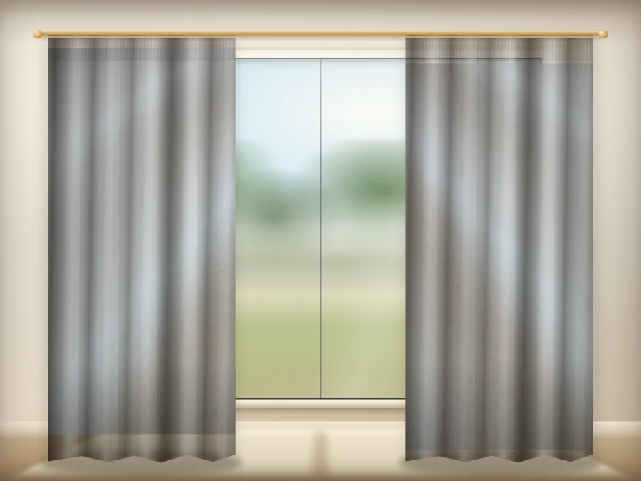 Pale White curtains drawn across a window in a plain room — a visualisation built from the catalogue 302 shade 302-02 photograph