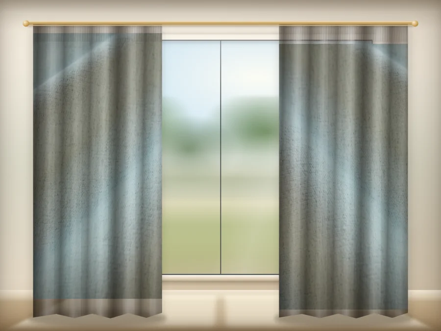 Sage Mist Grey curtains drawn across a window in a plain room — a visualisation built from the catalogue 302 shade 302-18 photograph