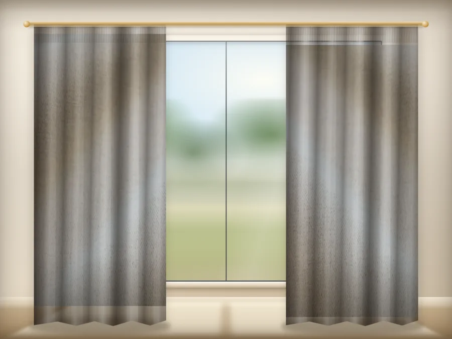 Sand Greige curtains drawn across a window in a plain room — a visualisation built from the catalogue 302 shade 302-08 photograph