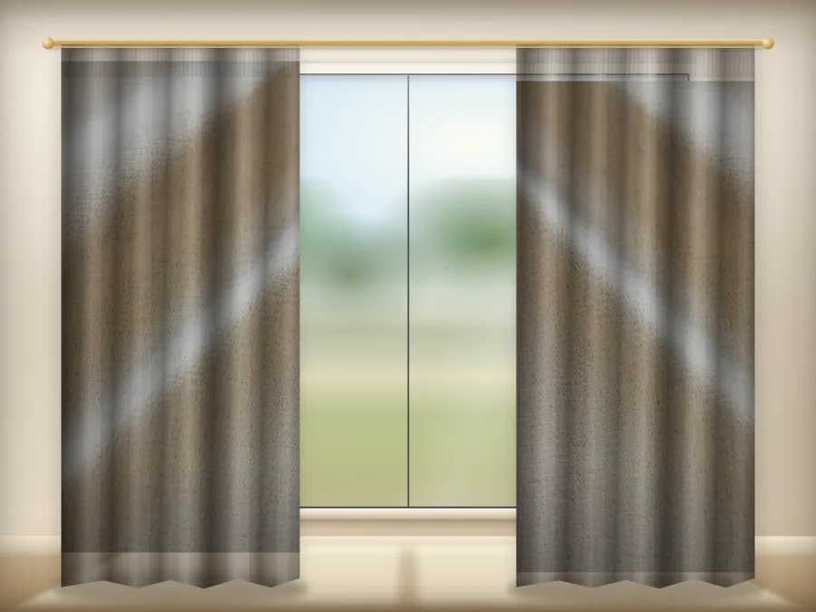 Warm Stone Grey curtains drawn across a window in a plain room — a visualisation built from the catalogue 302 shade 302-09 photograph