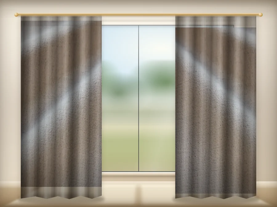 Warm Stone Taupe curtains drawn across a window in a plain room — a visualisation built from the catalogue 302 shade 302-11 photograph