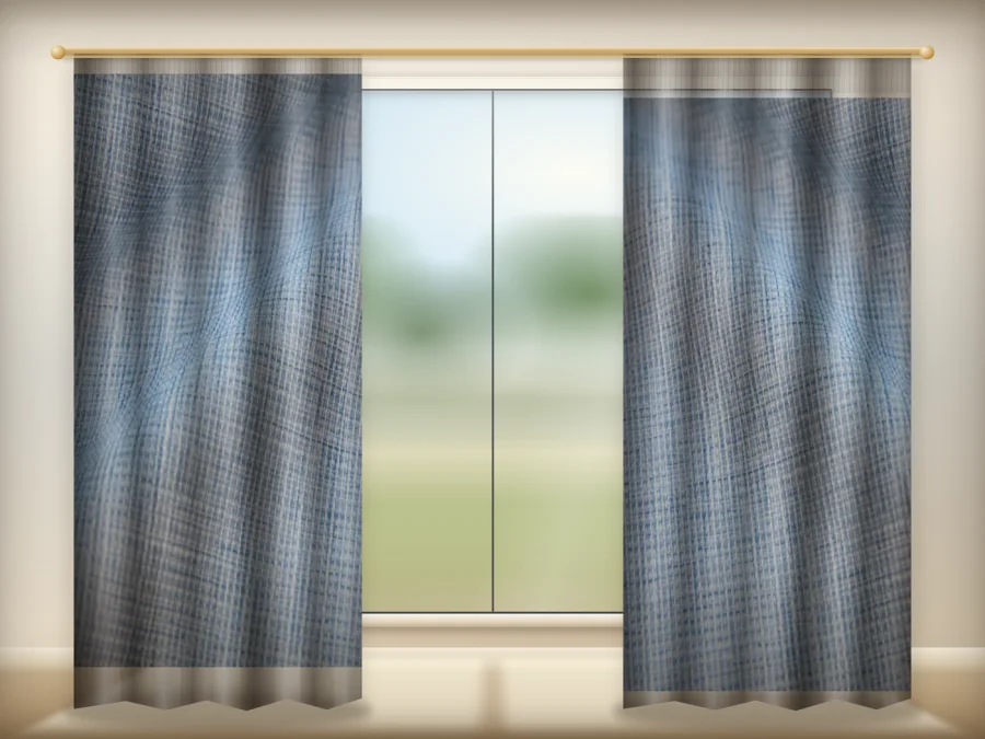 Azure Blue curtains drawn across a window in a plain room — a visualisation built from the catalogue 303 shade 303-19 photograph