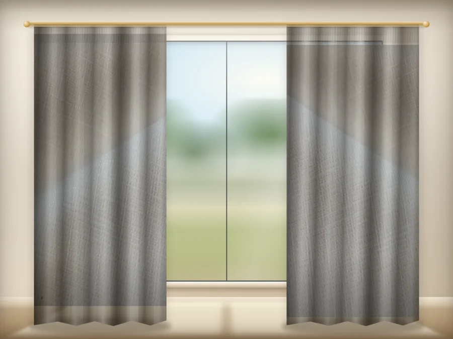 Beige curtains drawn across a window in a plain room — a visualisation built from the catalogue 303 shade 303-04 photograph