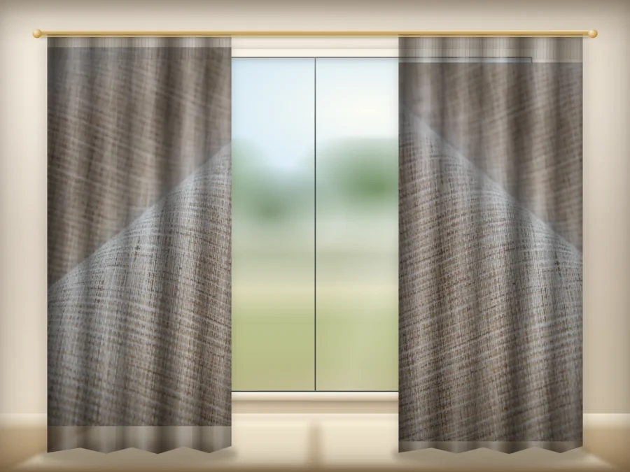 Brown curtains drawn across a window in a plain room — a visualisation built from the catalogue 303 shade 303-13 photograph