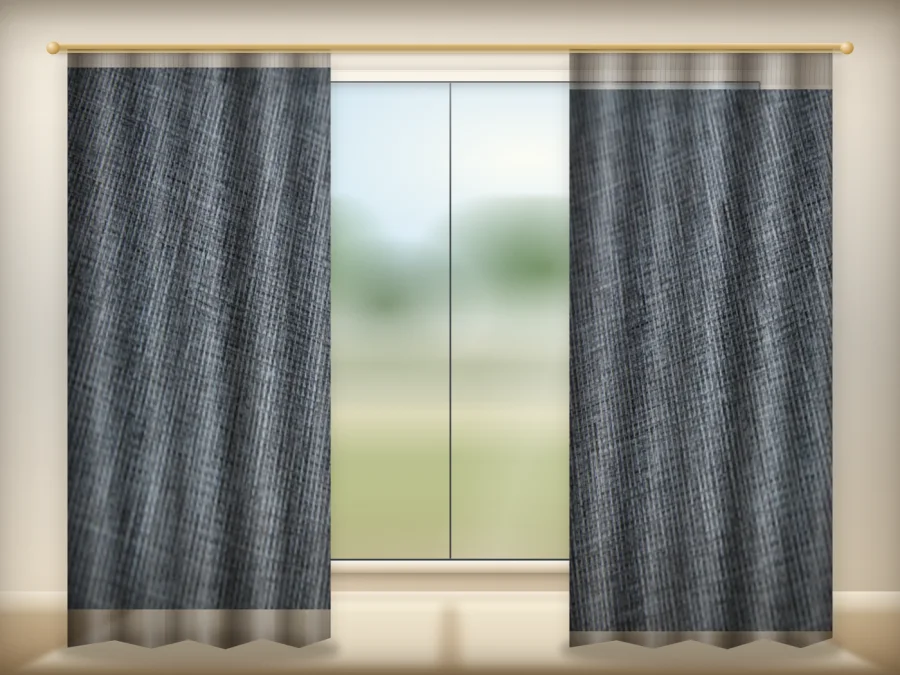 Charcoal curtains drawn across a window in a plain room — a visualisation built from the catalogue 303 shade 303-20 photograph