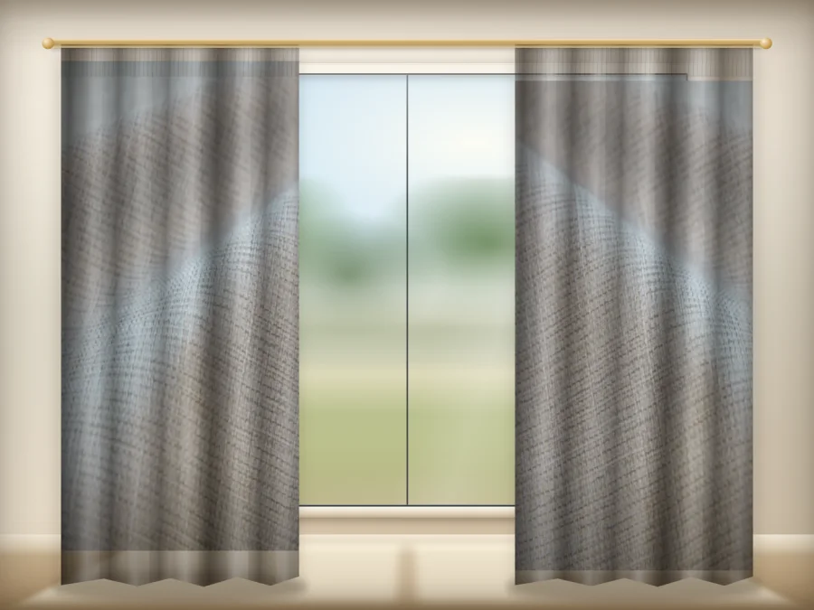 Cyan curtains drawn across a window in a plain room — a visualisation built from the catalogue 303 shade 303-08 photograph