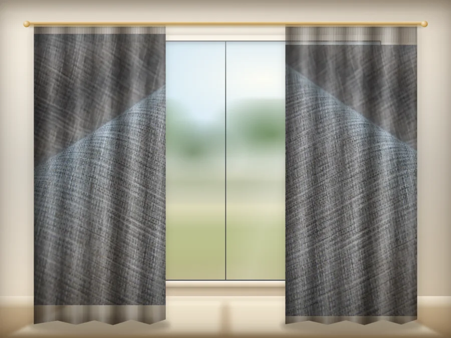 Dark Gray B curtains drawn across a window in a plain room — a visualisation built from the catalogue 303 shade 303-17 photograph