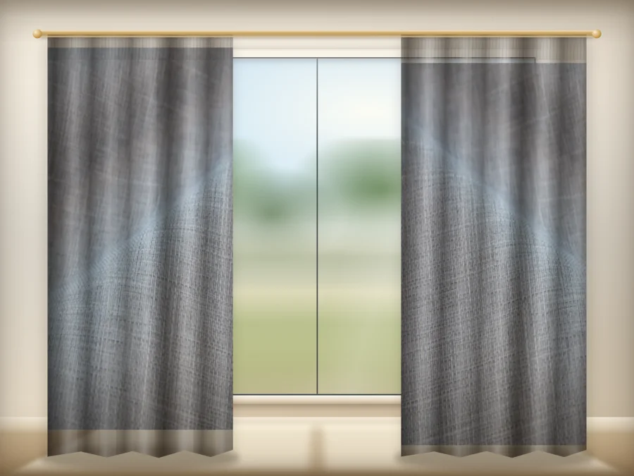 Gray A curtains drawn across a window in a plain room — a visualisation built from the catalogue 303 shade 303-11 photograph