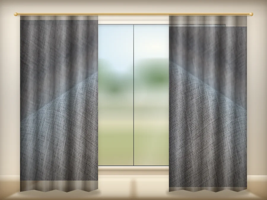 Gray B curtains drawn across a window in a plain room — a visualisation built from the catalogue 303 shade 303-12 photograph
