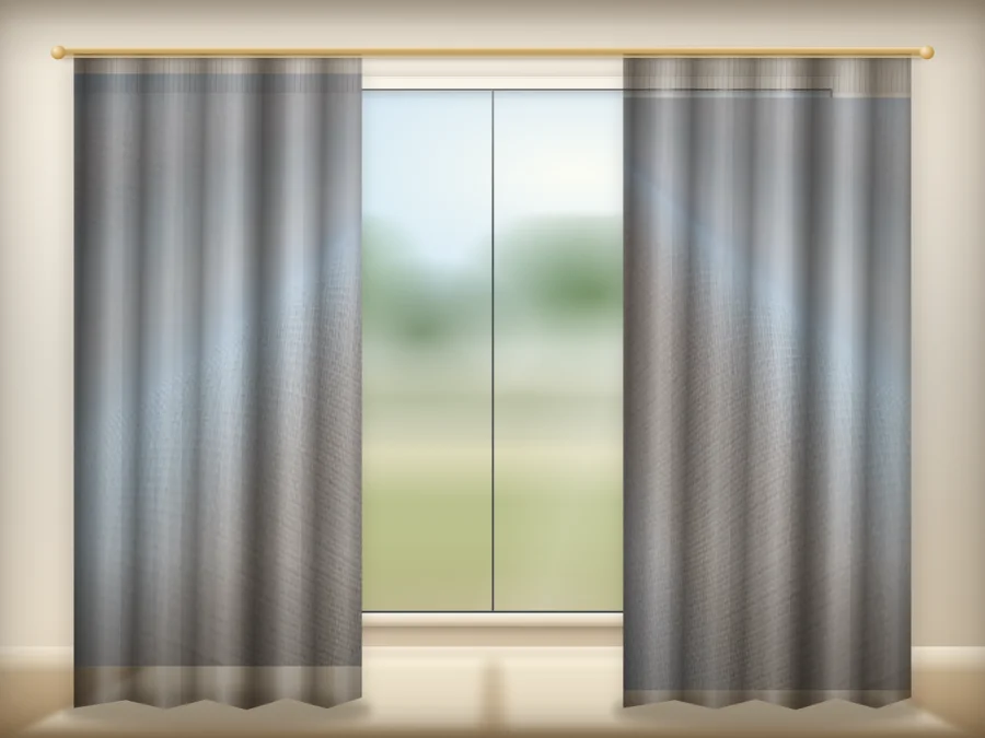 Ivory curtains drawn across a window in a plain room — a visualisation built from the catalogue 303 shade 303-01 photograph
