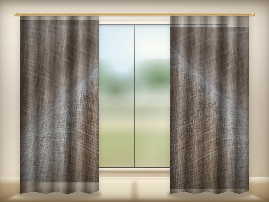 Khaki curtains drawn across a window in a plain room — a visualisation built from the catalogue 303 shade 303-14 photograph