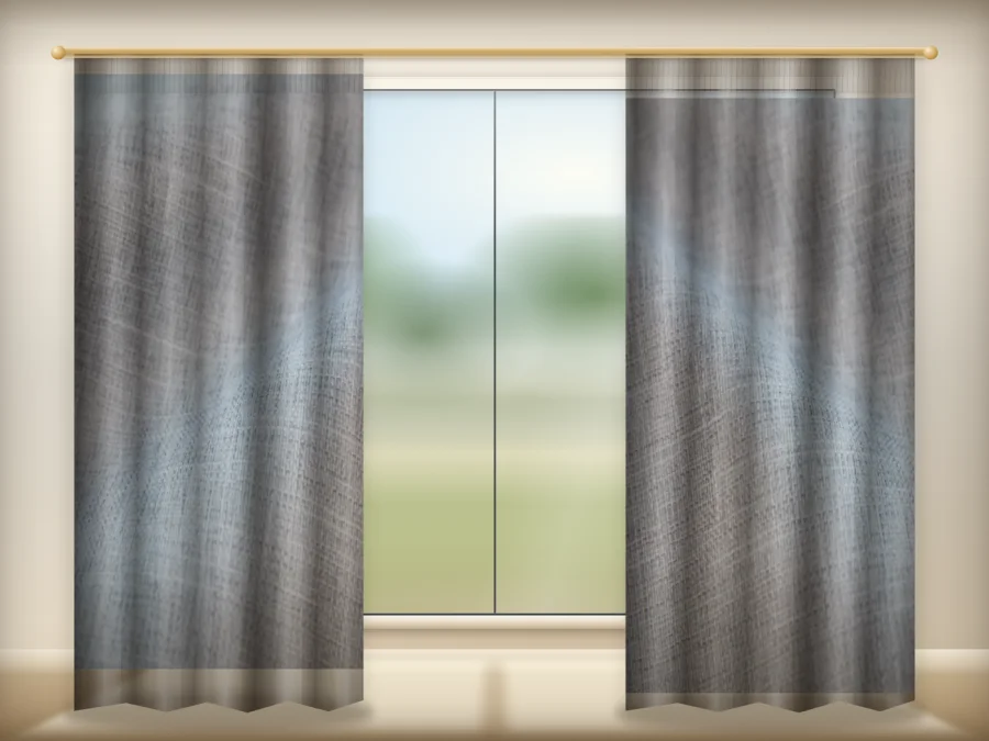 Light Gray curtains drawn across a window in a plain room — a visualisation built from the catalogue 303 shade 303-10 photograph