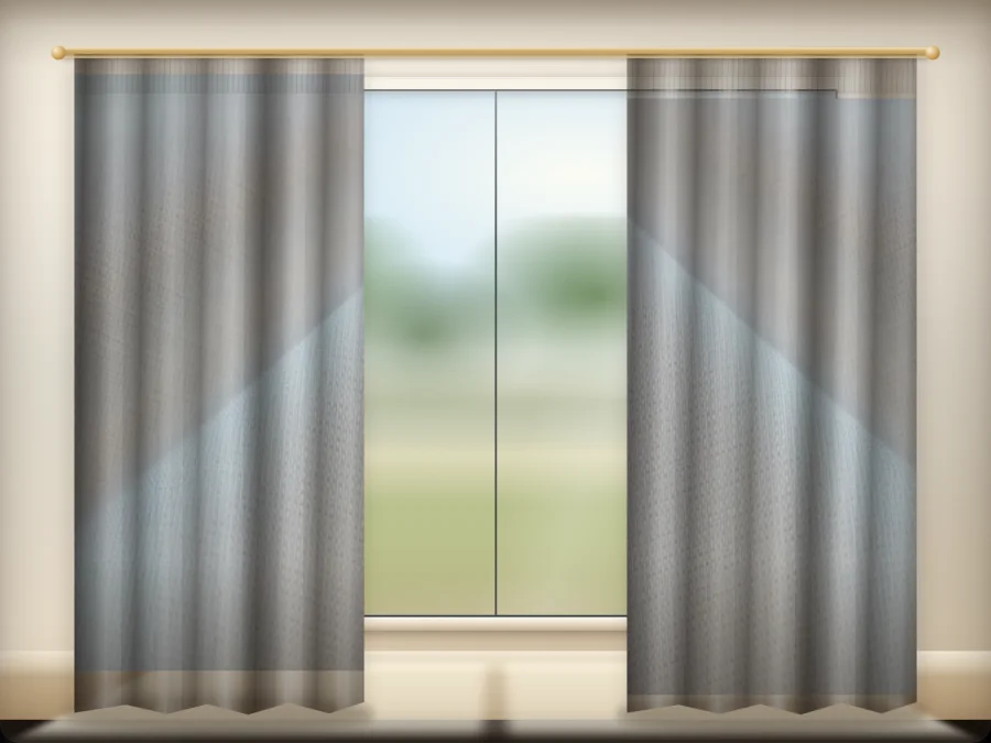 Off White curtains drawn across a window in a plain room — a visualisation built from the catalogue 303 shade 303-03 photograph