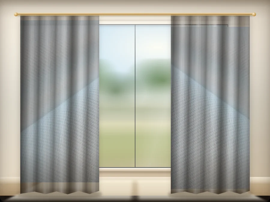 Sky Blue curtains drawn across a window in a plain room — a visualisation built from the catalogue 303 shade 303-07 photograph