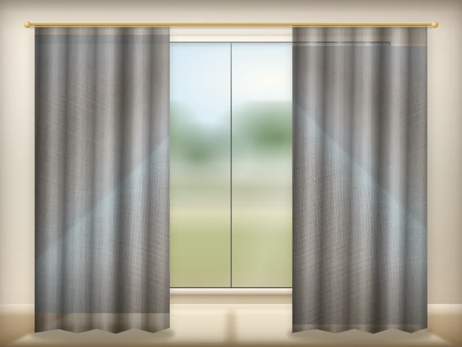 Wheat curtains drawn across a window in a plain room — a visualisation built from the catalogue 303 shade 303-05 photograph
