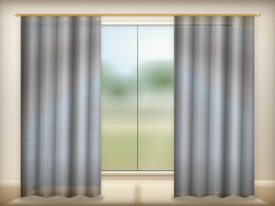 White curtains drawn across a window in a plain room — a visualisation built from the catalogue 303 shade 303-02 photograph