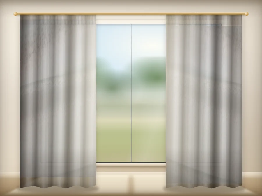 Dark Beige TTL Sable curtains drawn across a window in a plain room — a visualisation built from the catalogue 401 shade 401-11 photograph