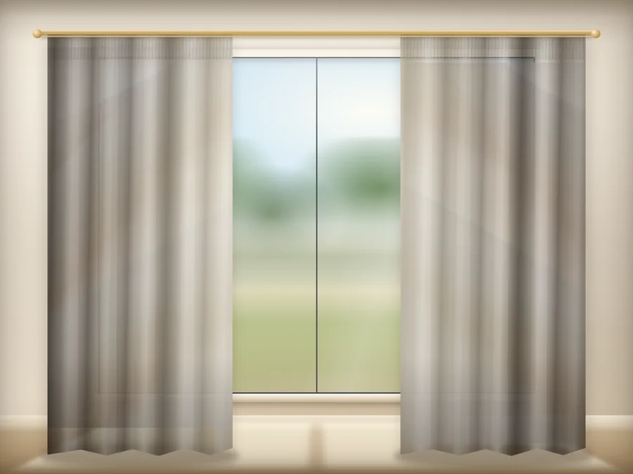 Khaki Plain curtains drawn across a window in a plain room — a visualisation built from the catalogue 401 shade 401-06 photograph