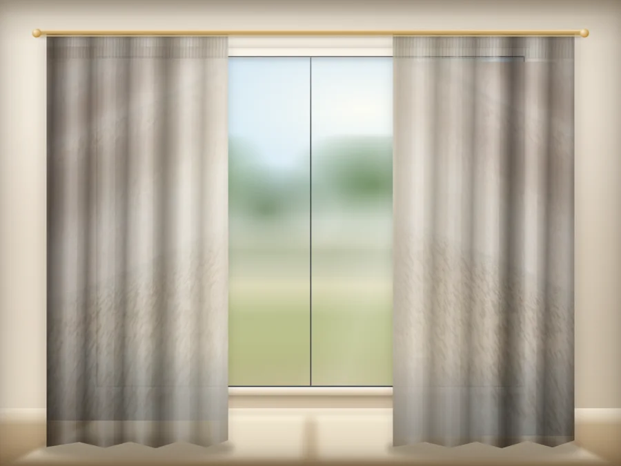 Khaki TTL Sable curtains drawn across a window in a plain room — a visualisation built from the catalogue 401 shade 401-12 photograph