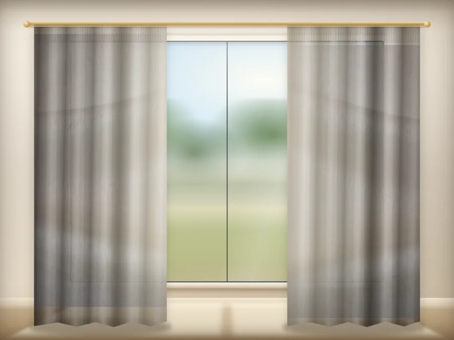 Light Beige TTL Sable curtains drawn across a window in a plain room — a visualisation built from the catalogue 401 shade 401-10 photograph