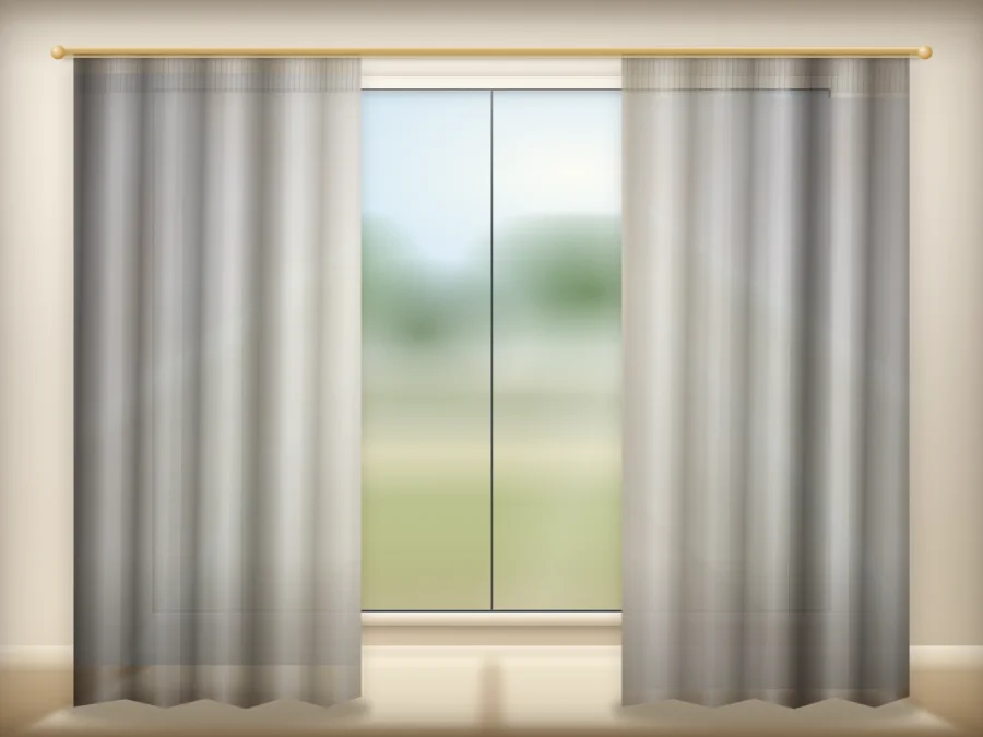 Light Grey Plain curtains drawn across a window in a plain room — a visualisation built from the catalogue 401 shade 401-03 photograph