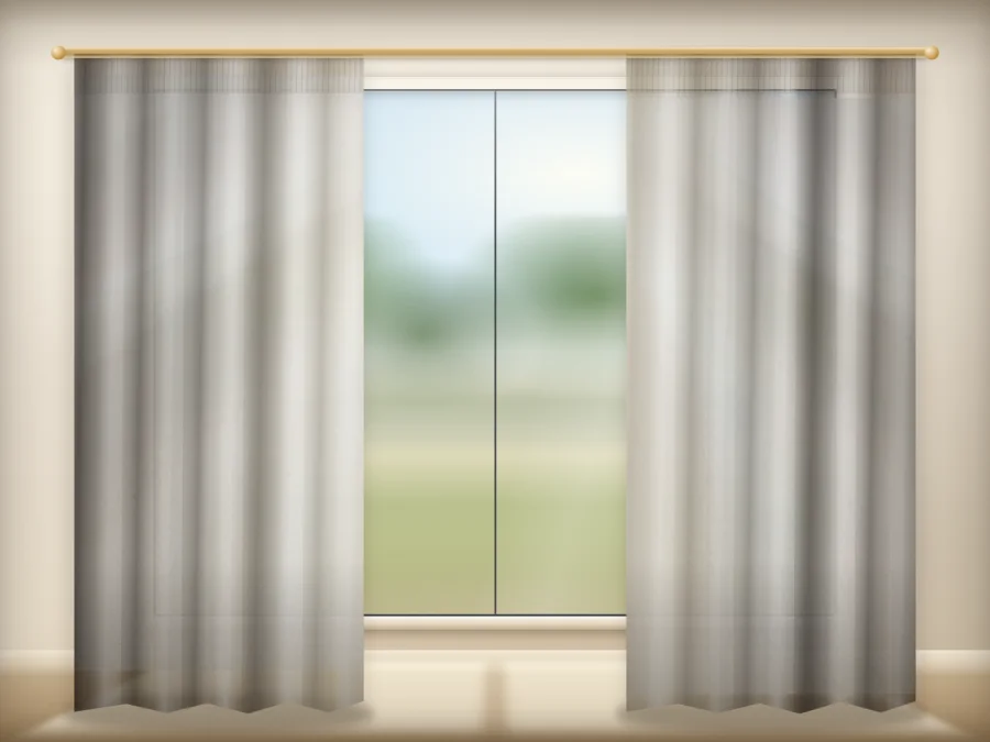 Off White Sable curtains drawn across a window in a plain room — a visualisation built from the catalogue 401 shade 401-08 photograph