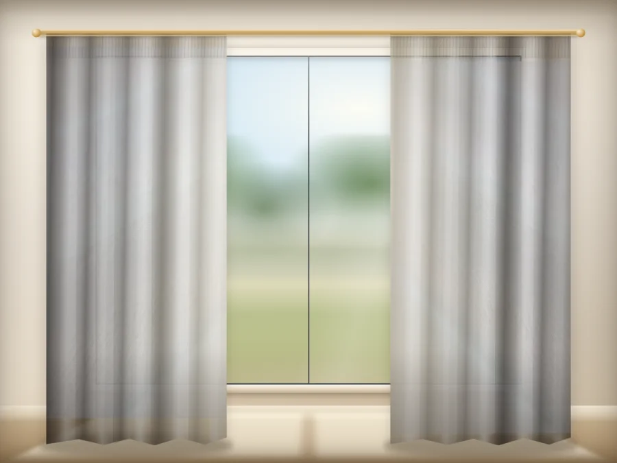 White TTL Sable curtains drawn across a window in a plain room — a visualisation built from the catalogue 401 shade 401-07 photograph